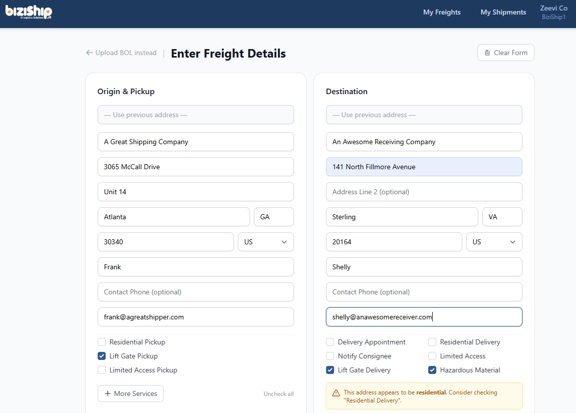 biziShip.ai — Enter Freight Details